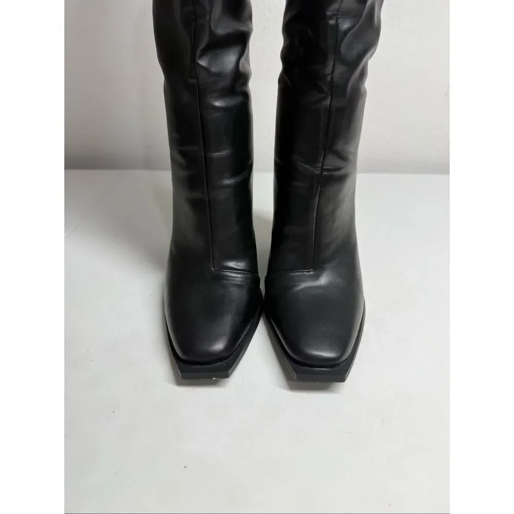 Black Faux Leather Knee High Boots Square Toe Block Heel Back Zip Sz 4
